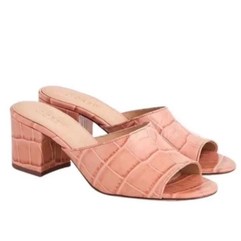 J. Crew Croc Embossed Leather Peep Toe Block Heel Slide Sandals